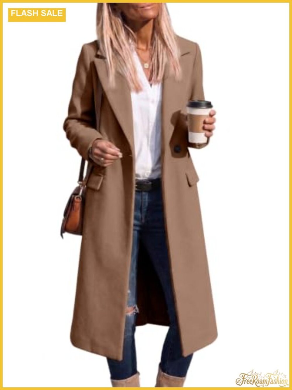 Womens Wool Blend Long Trench Pea Coat Button Front Knee Length